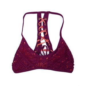 BECCA Corset Lace Up Racerback Crochet Bikini Swim Top Burgundy Purple Small